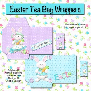 Könnte beinhalten: Zwei druckbare Oster-Teebeutel-Verpackungen mit einem Hasendesign. Eine Verpackung ist lila mit weißen Punkten und dem Text "Easter Joy". Die andere Verpackung ist blau mit weißen Punkten und dem Text "Easter".