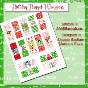 May include: A sheet of printable holiday-themed labels featuring various Christmas designs, including snowmen, Santa Claus, and holiday greetings. The labels are designed for use as wrappers for nugget-sized snacks.