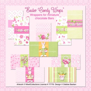 May include: Printable Easter candy bar wrappers featuring a variety of designs including bunnies, flowers, and the words "Easter" and "Spring".