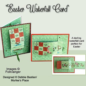 May include: A green and red Easter-themed waterfall card with a bunny and checkered pattern. The card is designed to fold out in a series of steps, revealing different images as it unfolds.