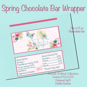 May include: A pink and white chocolate bar wrapper with a spring theme. The design includes a butterfly, a sun hat, and flowers. Text on the wrapper reads "Spring Chocolate Bar Wrapper" and "Life is beautiful."