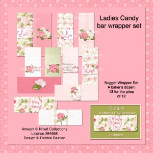 May include: A set of pink and green printable candy bar wrappers with floral designs and text that says "Ladies Candy bar wrapper set", "Nugget Wrapper Set", "A baker's dozen! 13 for the price of 12", "Bonus! Mother's Day wrapper included", "Live", "Laugh", "Life isn't always perfect but it does have perfect moments", "Happy Birthday".