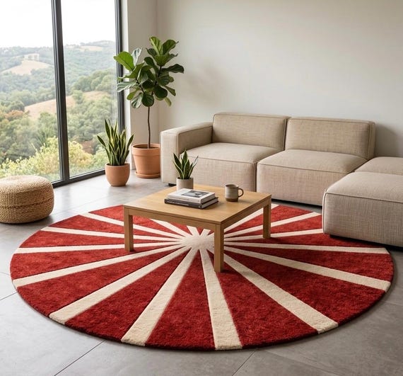 Luxus Rund Wohnzimmer Teppich, Handgetufteter Wollteppich, Moderner Roter Creme Geometrischer Teppich, Handgemachter Plüsch Teppich