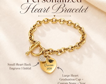 Personalized Graduation Bracelet, Engraved Heart Charm Bracelet, Class of 2026 Gift for Her, Stainless Steel Keepsake Jewelry