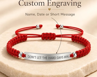 Pulsera "No dejes que los días difíciles te venzan", pulsera de barra de acero inoxidable grabada, cordón rojo, regalo inspirador para una amiga.