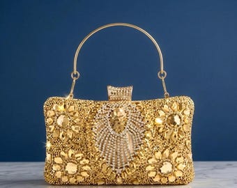 Bolso de mano dorado con cristales, bolso de noche de lujo con pedrería, bolso de novia para bodas, bolso de fiesta formal, bolso de graduación para mujer.