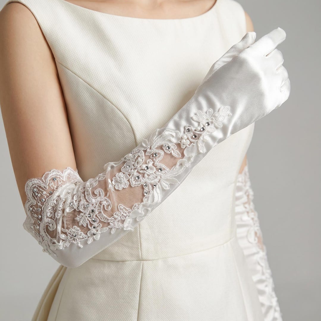Bridal Opera Gloves Lace Satin Wedding Gloves Long Fingerless Floral ...