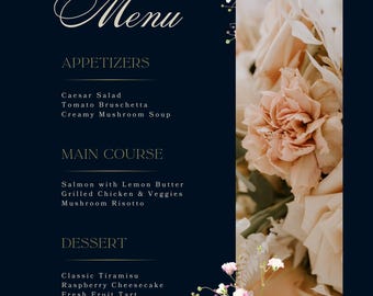 Elegante florale Menükarte für die Hochzeit: Personalisierbares Dinner-Party Briefpapier