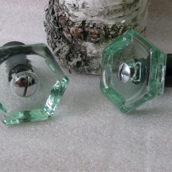 Soviet glass pull handles / door knobs lot of 2. Vintage shabby chic 1.97'' sea green faceted drawer pull set from Russian USSR era. 1960's