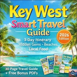 May include: A travel guide titled "Key West Smart Travel Guide" with a 2026 edition label. The cover features a beach scene with palm trees and the text "3-Day Itinerary, Hidden Gems, Beaches, Local Food." Several smaller guides are also visible.