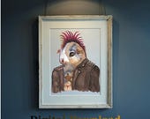 Punk Guinea Pig Printable Wall Art, 2400 DPI Ultra High Res Digital Download, Whimsical Watercolor Animal Portrait Poster, Gothic Pet Decor