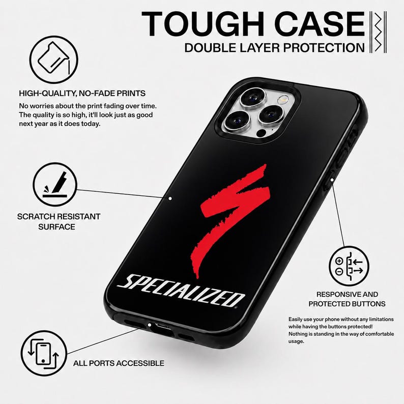 Op de afbeelding: Zwarte telefoonhoes met het woord "SPECIALIZED" in wit en een rood gestileerd "S"-logo. De hoes heeft de woorden "TOUGH CASE" en "DOUBLE LAYER PROTECTION" erop gedrukt. De hoes is krasbestendig en heeft responsieve en beschermde knoppen.
