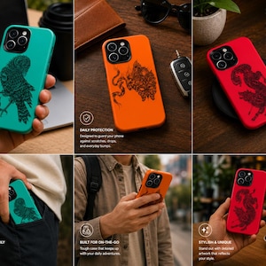 May include: A selection of phone cases in teal, orange, and red, each with a distinctive black graphic. The cases are displayed in different scenarios, showcasing features such as wireless charging and a slim, pocket-friendly design.