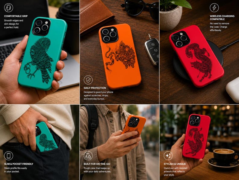 May include: A selection of phone cases in teal, orange, and red, each with a distinctive black graphic. The cases are displayed in different scenarios, showcasing features such as wireless charging and a slim, pocket-friendly design.