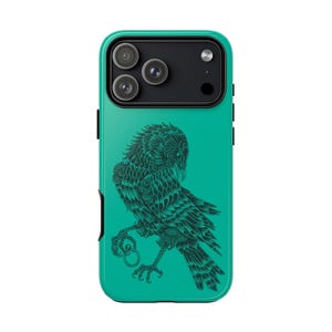 May include: A teal phone case with a black illustration of an owl. The owl is depicted with detailed feather patterns and is holding a ring. The case has a glossy finish and a camera module with three lenses.