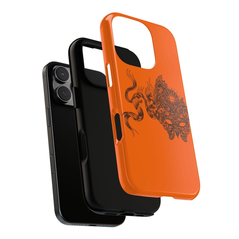 May include: An orange phone case featuring a black graphic of a detailed creature. The case is layered over a black phone and a black inner case. The phone has two camera lenses.