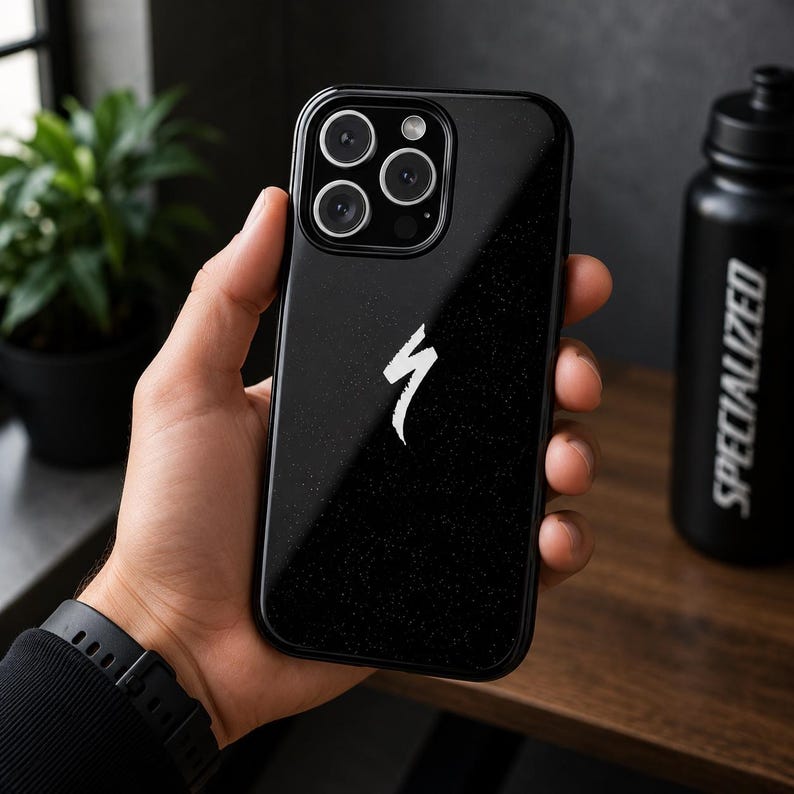 May include: Black phone case featuring a white Specialized logo. The case is held in a hand, with a black watch on the wrist. A black water bottle with "SPECIALIZED" is in the background.
