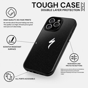 May include: Black speckled phone case with a white logo. The case has the text "TOUGH CASE DOUBLE LAYER PROTECTION". Further text describes high-quality prints, a scratch-resistant surface, accessible ports, and responsive buttons.