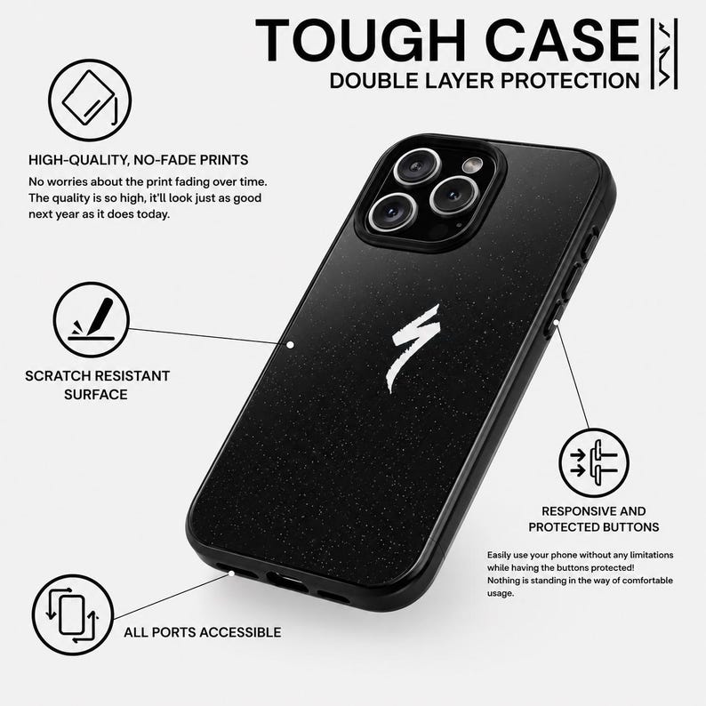 May include: Black speckled phone case with a white logo. The case has the text "TOUGH CASE DOUBLE LAYER PROTECTION". Further text describes high-quality prints, a scratch-resistant surface, accessible ports, and responsive buttons.