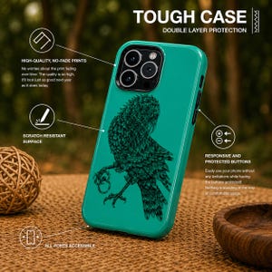 May include: Teal phone case featuring a detailed dark green bird illustration. The case displays the words "TOUGH CASE" and "DOUBLE LAYER PROTECTION". Additional text includes "HIGH-QUALITY, NO-FADE PRINTS", "SCRATCH RESISTANT SURFACE", and "ALL PORTS ACCESSIBLE".