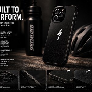 May include: Black phone case with a white Specialized logo, alongside a black water bottle and a helmet. The case features raised edges for camera protection and responsive buttons. Text reads "BUILT TO PERFORM".