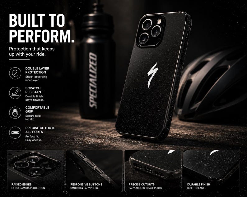 May include: Black phone case with a white Specialized logo, alongside a black water bottle and a helmet. The case features raised edges for camera protection and responsive buttons. Text reads "BUILT TO PERFORM".