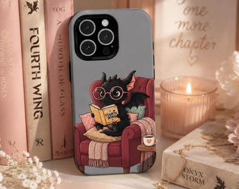 Cute Baby Dragon Reading Fourth Wing Phone Case | Cozy Fantasy Bookish Case for iPhone Samsung Galaxy ACOTAR Reader Gift