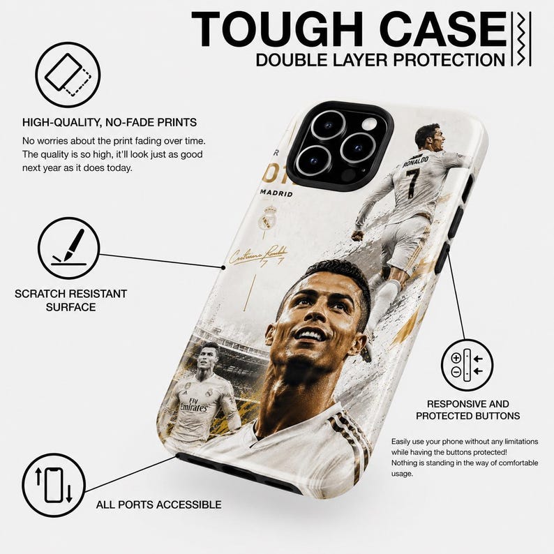 May include: A white and black phone case featuring a portrait of a soccer player. The case has the text "TOUGH CASE" and "DOUBLE LAYER PROTECTION". Additional text includes "HIGH-QUALITY, NO-FADE PRINTS", "SCRATCH RESISTANT SURFACE", and "ALL PORTS ACCESSIBLE".