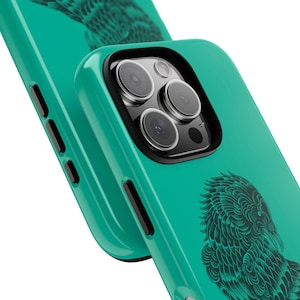 May include: Teal phone case with a black owl design. The case has a glossy finish and a black camera lens protector. The owl illustration is a detailed close-up of the head and feathers, contrasting against the teal background.