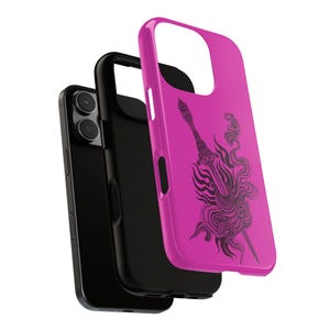 May include: A vibrant pink phone case featuring a black sword and flame graphic. The image shows the case in layers, with the phone and inner black case visible. The phone case is designed to protect the phone.
