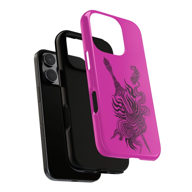 May include: A vibrant pink phone case featuring a black sword and flame graphic. The image shows the case in layers, with the phone and inner black case visible. The phone case is designed to protect the phone.