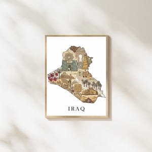 May include: A rectangular wall art print featuring a map of Iraq filled with detailed illustrations of historical landmarks, palm trees, and pomegranates in earthy tones of brown, gold, and blue. The word IRAQ is printed in black at the bottom.