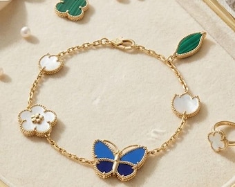 Pulseira Borboleta Azul em Ágata Verde: Flores de Madrepérola, Pingente de Trevo de Quatro Folhas