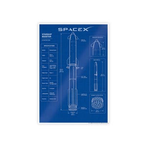 May include: A SpaceX Starship Booster blueprint poster with technical specifications and diagrams. The poster features a detailed illustration of the rocket, including dimensions and engine details, on a blue background.