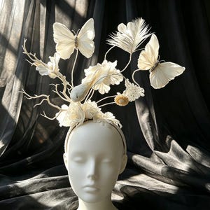 Ivory Butterfly Bridal Fascinator, Feather & Floral Wedding Headpiece, Whimsical Bird Hair Accessory