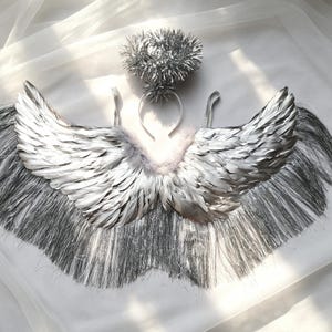 May include: A set of silver angel wings and a matching halo headband. The wings feature layered metallic silver feathers with long, shimmering silver fringe trim along the bottom edge. The halo is constructed from metallic silver tinsel.