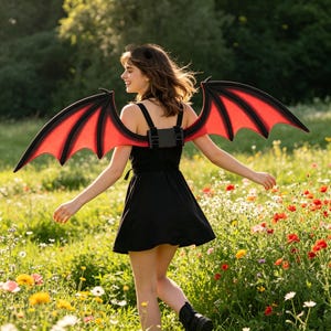 May include: A pair of large, articulated bat wings featuring a vibrant red membrane with black structural framing and edges. The wings are attached to a black harness worn over a simple black sleeveless dress, creating a striking contrast.