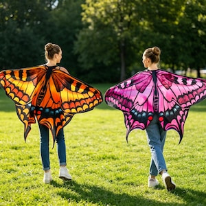 Könnte beinhalten: Zwei Schmetterlingsflügel-Umhänge über blauen Jeans. Ein Umhang zeigt ein leuchtend orange-schwarzes Monarchfalter-Muster, während der andere ein kräftiges pink-schwarzes Schmetterlingsflügel-Design mit dunkler Aderung und gewellten Rändern aufweist.