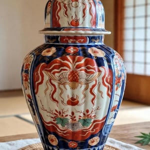 Può includere: Un barattolo per zenzero in ceramica con coperchio, caratterizzato da un corpo scanalato decorato con motivi complessi in blu, rosso e bianco. Il design include motivi floreali stilizzati, linee ondulate e accenti simmetrici arancioni e blu.