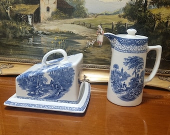 Antique Adams cheese dish and teapot, landscape pattern.