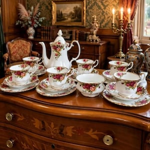 Detta är ett vintage Royal Albert "Old Country Roses" kaffeservis. 20 delar. 6 tekoppar, 6 fat, 6 tårtfat, 1 tekanna och 1 öppen sockerskål.