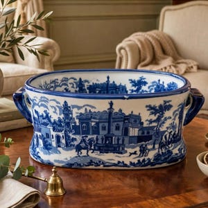 May include: An oval ceramic basin featuring a blue and white transferware pattern depicting a historical landscape with buildings, figures on horseback, and trees. The basin has two side handles and a blue rim, showcasing a detailed pastoral scene.