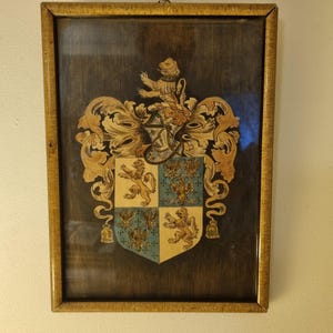 Op de afbeelding: Een rechthoekig ingelijst wandkunstwerk met een heraldisch wapenschild. Het ontwerp bevat een centraal schild verdeeld in vier kwadranten met leeuwen en adelaars, bekroond door een ridderhelm en een leeuwenkuif, alles tegen een donkere achtergrond.
