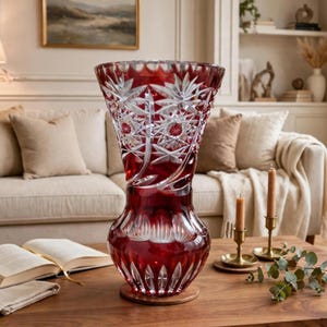 Può includere: Un alto vaso in vetro rosso intenso caratterizzato da intricati motivi in vetro tagliato. Il design presenta motivi chiari a forma di stella sulla parte superiore svasata e tagli verticali scanalati lungo la base arrotondata, creando un contrasto.