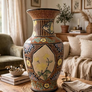 Puede incluir: Un jarrón decorativo de cerámica alto con una base de color marrón y complejos patrones florales multicolores. El diseño incluye motivos de crisantemos amarillos en paneles color crema, acentuados por bordes decorativos azules y verdes.