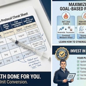 May include: A detailed guide with a cheat sheet for reconstitution protocols, including a syringe and a chart with compounds, vial sizes, and dosages. The image also includes a section on goal-based peptide stacks and educational resources.
