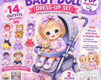 Baby Doll Dress-Up Printable PDF | 14 Outfits, Kawaii Paper Doll (Digital Download)