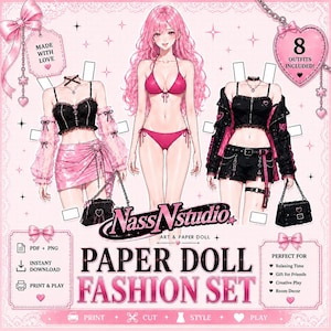 Op de afbeelding: Een papieren poppenmodeset met een centraal personage met roze haar, twee extra outfits en accessoires. De tekst bevat NassNstudio, Paper Doll Fashion Set, 8 Outfits Included, Made With Love, PDF + PNG, Instant Download, Print & Play.