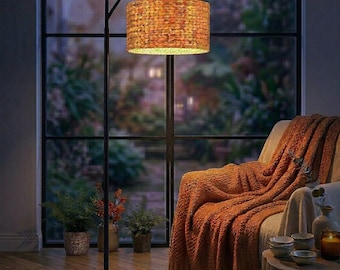 Boho Rattan Floor Lamp for Living Room, Dimmable Bamboo Standing Lamp with Remote, Farmhouse Arc Floor Lamp, Tall Wicker Lamp for Bedroom