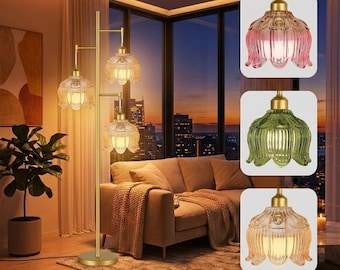 Pink Tulip Stained Glass Floor Lamp, Gold Brass Mid Century Modern Lighting